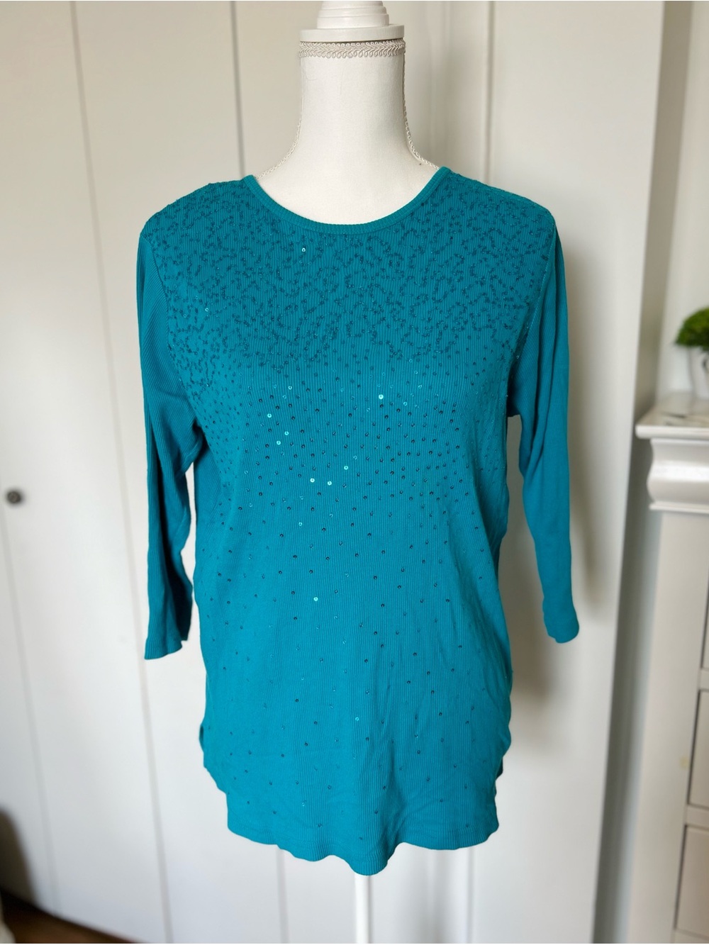 Women's Teal Long-Sleeve Embellished Knit Top